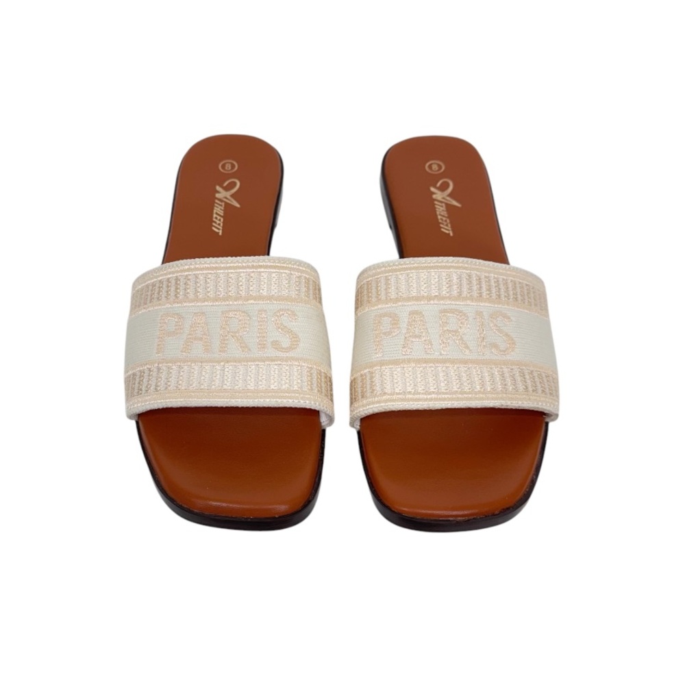 Athlefit Paris Embroidered Flat Slide Sandals In Beige Size 8